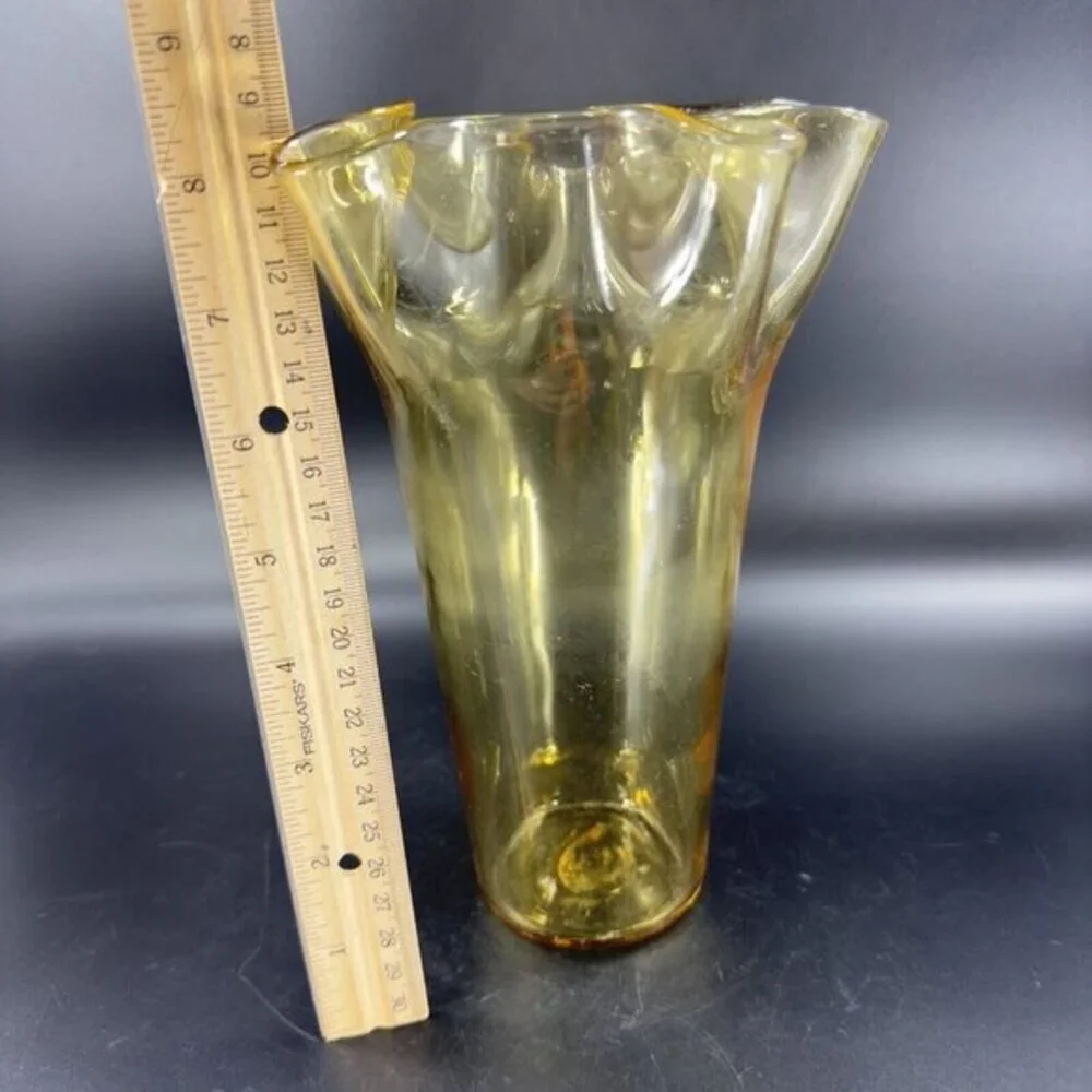 Mid Century Amber Art Glass Vase With Ruffled Top Edges‎ Hand Blown Glass Decor